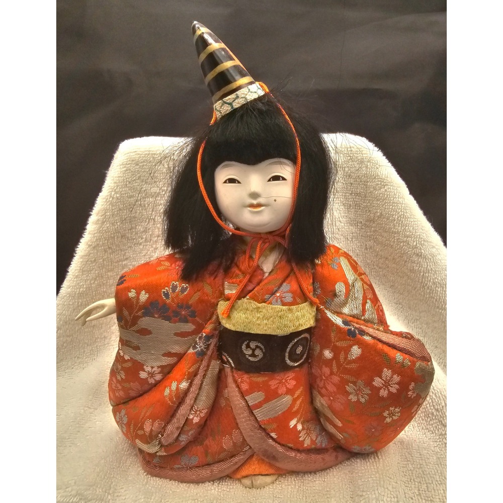 Vintage Japanese Kimekomi‎ Doll, Dressed In An Orange Floral Kimono
